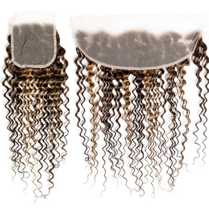 Deep Wave #4/27 Highlight Virgin Human Hair 4x4 13x4 Transparent Lace Closure/Frontal